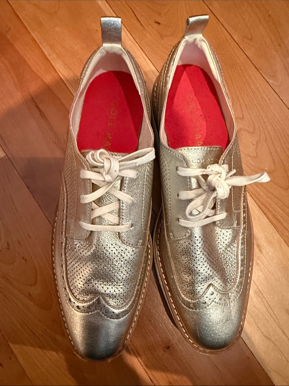 Cole Haan Metallic Silver Wingtip Oxfords with Red Insoles